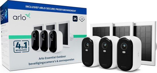 Arlo Essential 2K draadloze beveiligingscamera voor buiten en zonnepanelen - 3 Camera's & 3 Zonnepanelen