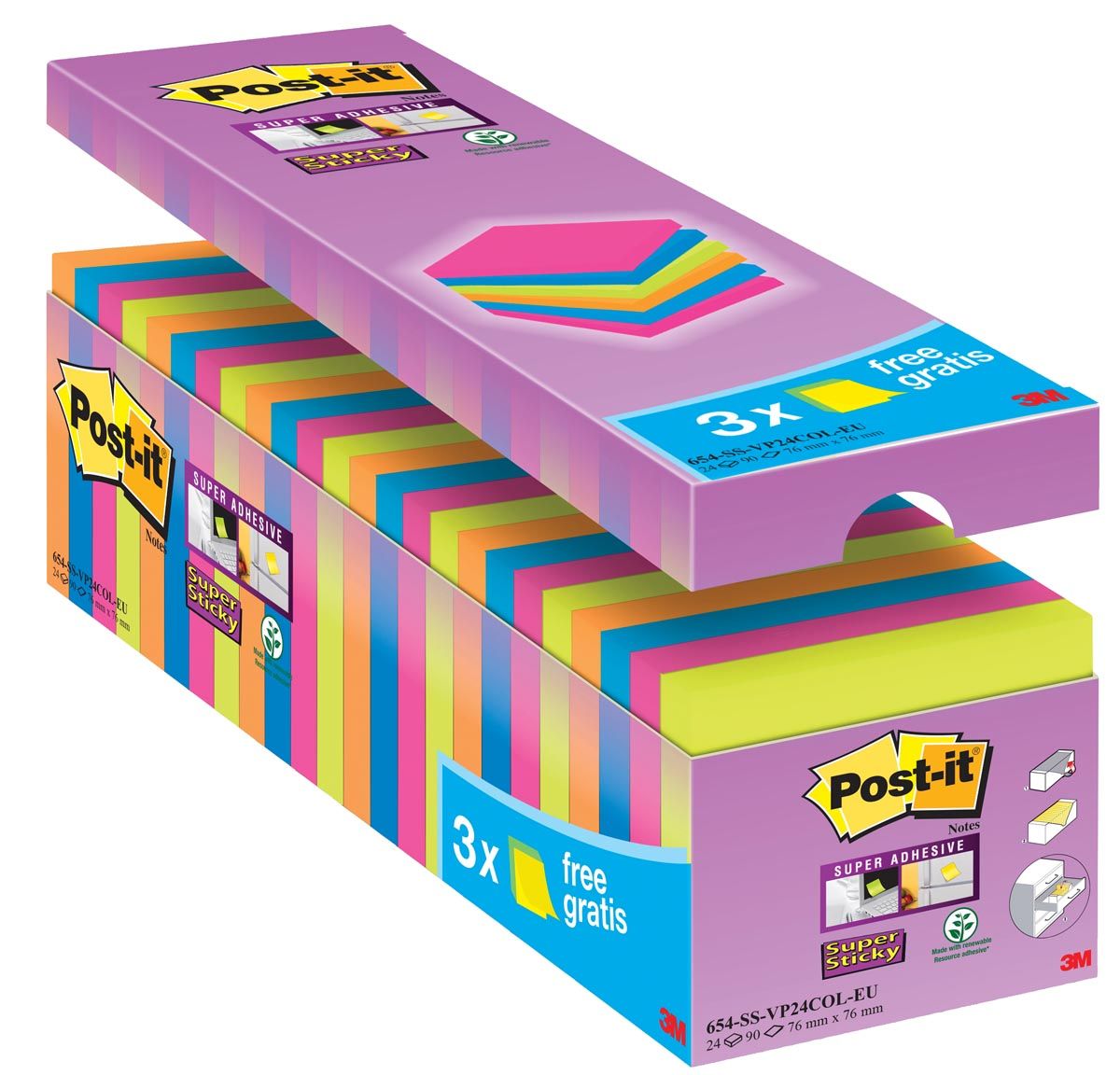 Post-it 654SSVP24COLEU Super Sticky notes Assortiment kleuren 76 x 76 mm 24 stuks