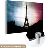 MuchoWow® Glass Painting 150x100 cm - Acrylic Glass Painting - Eiffel Tower and French Flag in the Sky - Photo on Glass - Paintings