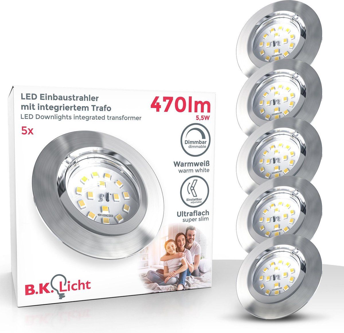 B.K.Licht - Inbouwspot - LED - 5 stuks - voor binnen - dimbaar - kantelbaar - Ø8.2cm - 3.000K - 470Lm - 5.5W - nikkel - mat nikkel
