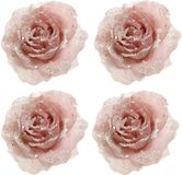 Decoris Kerst decoratie roos - 6x stuks - op clip - poeder roze - D14 cm - kunststof - kerstbloem - bloemen - kerstboomversiering - kerstornamenten