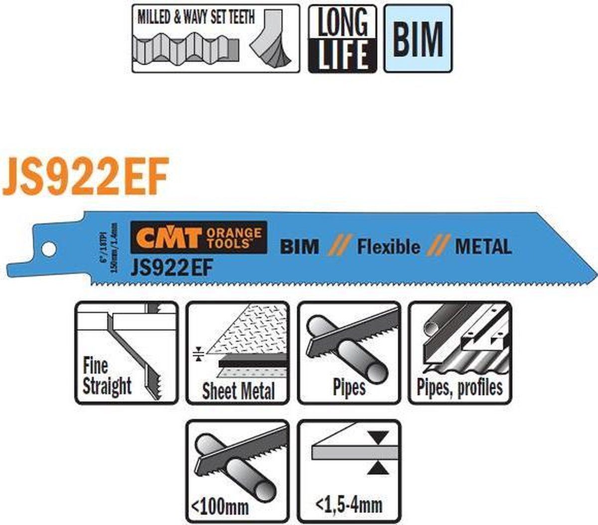 CMT Bi-metaal reciprozaagblad 150 x 0,9 mm. 18tpi (5 stuks)