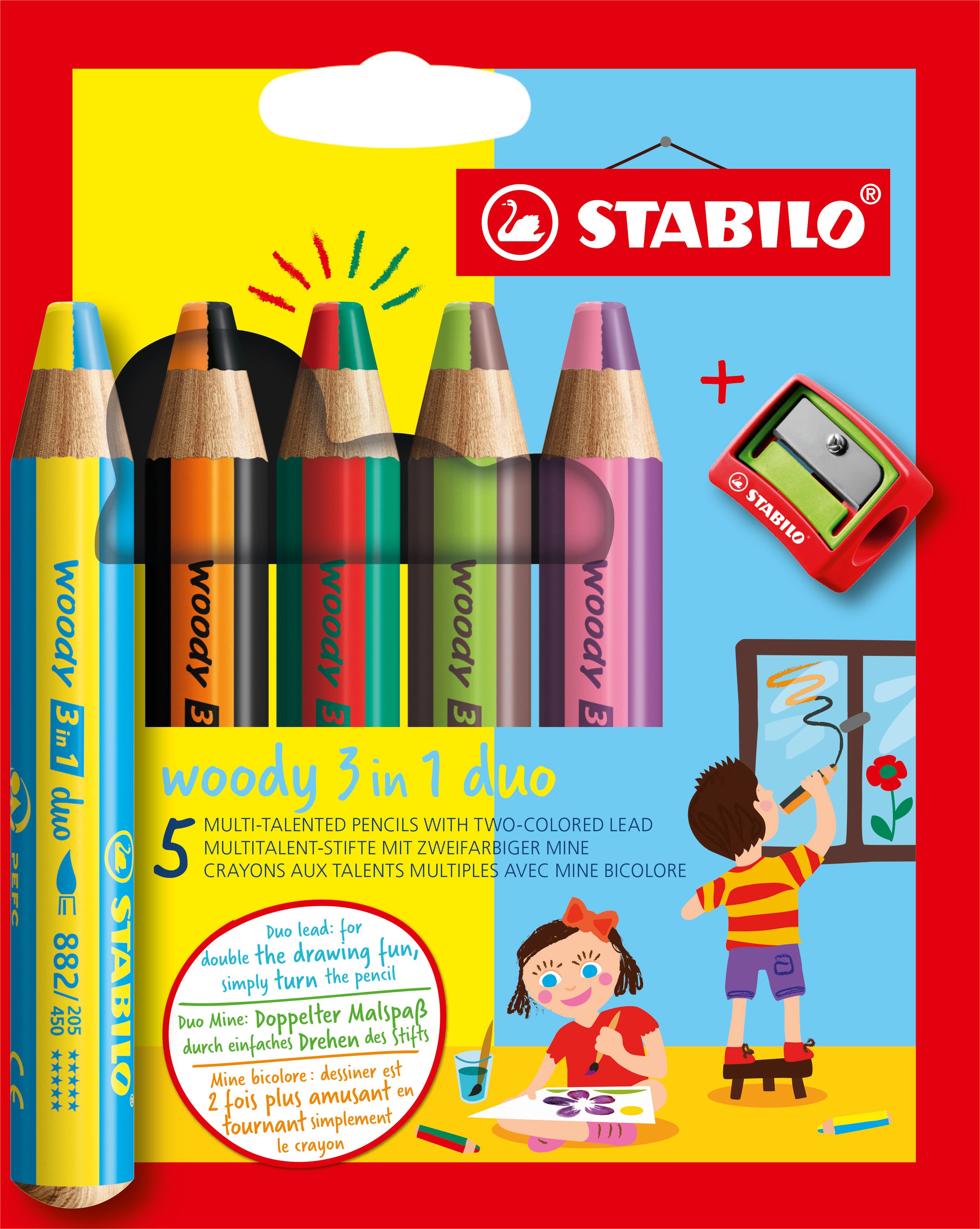 STABILO Woody 3 in 1 Duo - 5-pack Watercolour Pencils with Sharpener
