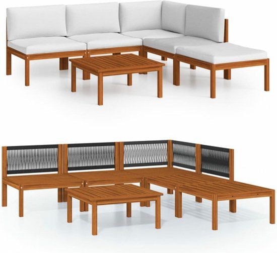 vidaXL 6-delige tuinloungeset met kussens crèmekleurig acaciahout en touw