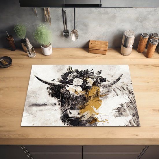 KitchenYeah® Inductie beschermer 71x52 cm - Schotse Hooglander - Bloemen - Zwart - Wit