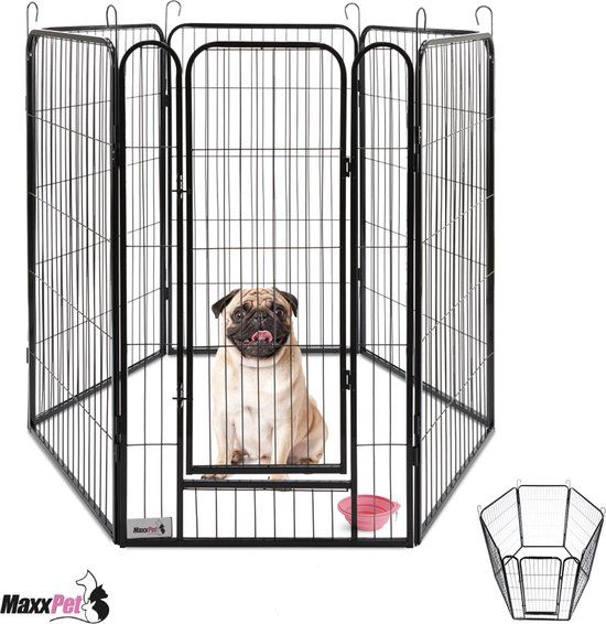 MaxxPet Puppyren - Hondenbench - Hondenren - Hondenkennel met 6 panelen - Staal - Ø 120cm x 100cm - Incl. Drinkbakje