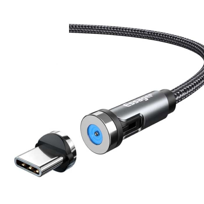Essager Essager USB-C Magnetische Oplaadkabel 2 Meter met 540° Roterende Plug - 2.4A Fast Charging Gevlochten Nylon Oplader Data Kabel Grijs