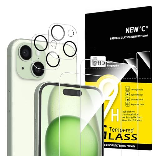 NEW'C Set van 4, 2 x Screen Protector voor iPhone 15 (6,1 Inch) en 2 x Camera Lens Protector