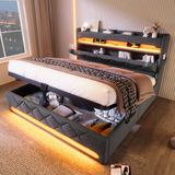 STILVORA Gestoffeerd Bed 140x190cm – Ledverlichting Rondom – Hoofdbord Met Opladen & Opbergvakken – Hydraulische Opbergruimte – Zonder matras – Linnen – Grijs