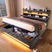 STILVORA Gestoffeerd Bed 140x190cm – Ledverlichting Rondom – Hoofdbord Met Opladen & Opbergvakken – Hydraulische Opbergruimte – Zonder matras – Linnen – Grijs