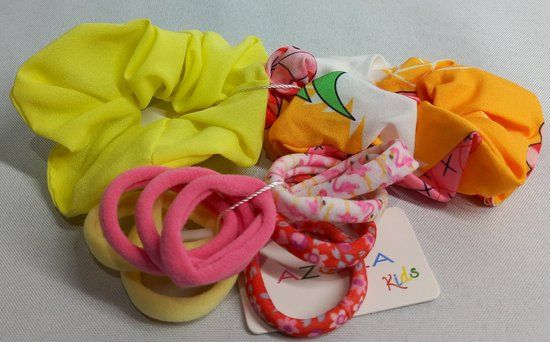 Scrunchies Set - 2 Scrunchies & 10 Hair Ties - Yellow Print - Girls - Gift Idea!