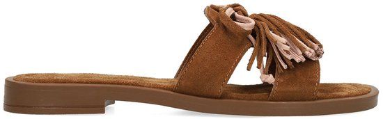 Manfield Dames Cognac suède slippers met franjes - Maat 40