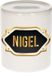Bellatio Decorations Shoppartners Bv Spaarpot met voornaam Nigel - wit - met goud/zwart embleem - 8 x 9 cm - keramiek - met afsluitdop - cadeau verjaardag