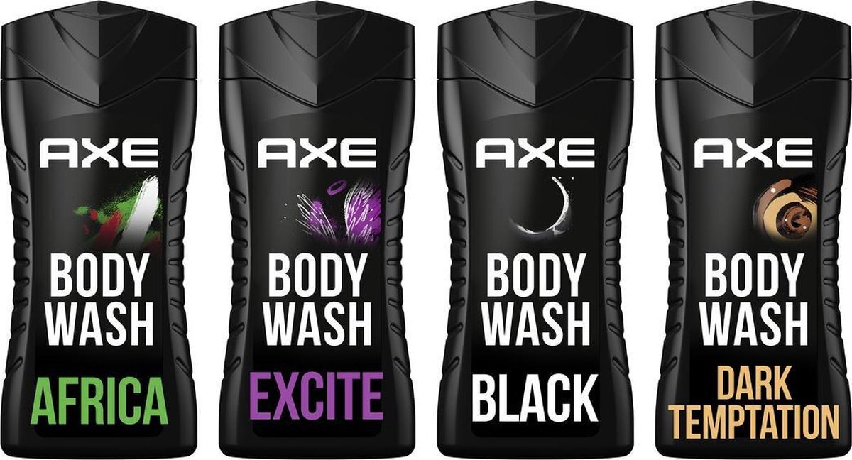 AXE Africa + Black + Dark Temptation + Excite 3-in-1 Douchegels - 4 x 250ml - Voordeelverpakking