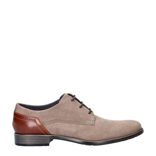 Bugatti suède veterschoenen taupe/cognac