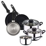 Wellhome Set de cuisine, 5 pièces, acier inoxydable + set de 3 casseroles, Ø 16 x 20 x 24, aluminium embouti, gris-métallique