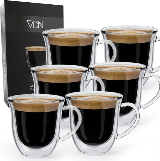 VDN Dubbelwandige ESPRESSO glazen met oor - 70 ML - Set van 6