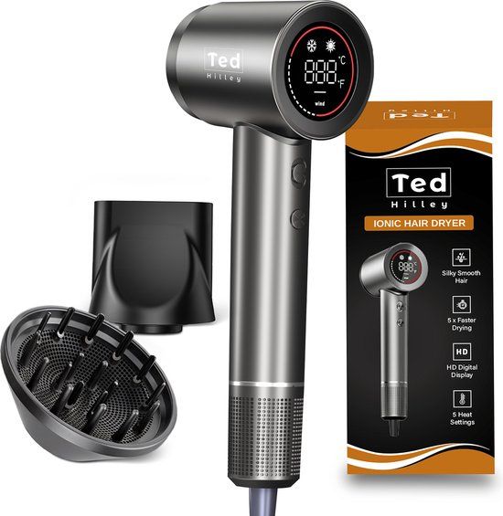 Ted Hilley Ionische Fohn met Diffuser - Haardroger Krullen - 5 x Sneller, Pluisvrij, Glanzend - HD Display - 5 Warmtestanden, 2 Snelheden [Beste Fohn 2026]