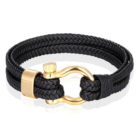 Mendes Lookinggoodtoday Nautische heren armband Leer Edelstaal Zwart Goudkleurig - 21cm