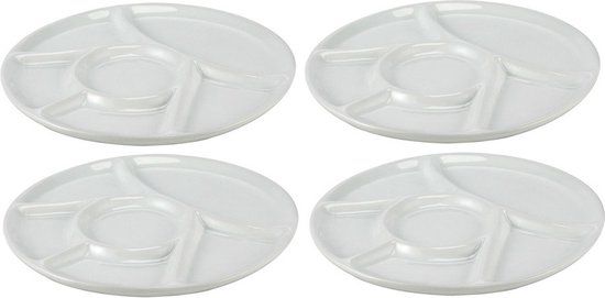 Merkloos / Sans marque 4x White Fondue/Gourmet/BBQ Plates 22.7 x 1.8 cm 6 Compartments - Square Dinner Plates - Porcelain - Dishwasher & Oven Safe