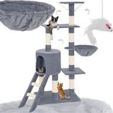 tectake® Krabpaal voor Katten - Middelgrote Krabpaal met Sisalpalen, Grot en Trap - Kattenhuis 144 cm Hoog - Klimboom en Speelboom voor Katten - Met Speeltje - Grijs