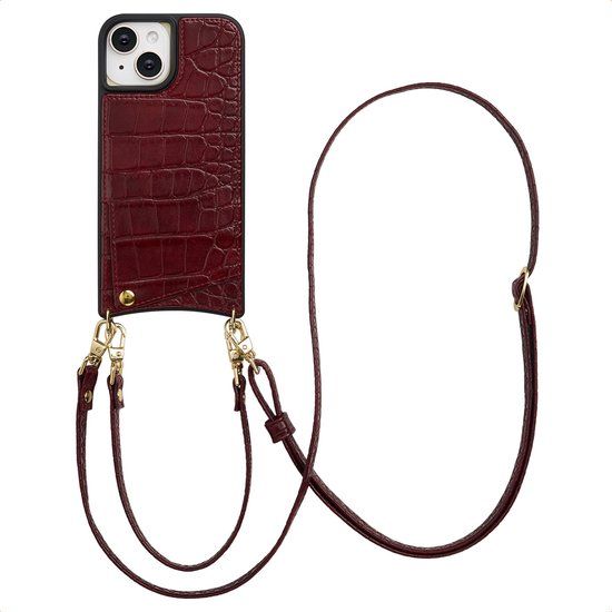 Selencia Hoesje - Geschikt voor Apple iPhone 15 - Croco Backcover met koord en pashouder - Burgundy