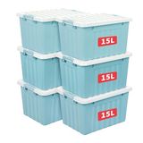 Cetomo Opbergdozen met deksels, 15 l x 6 stuks, plastic opbergdoos met veilige zijvergrendelingen, stapelbare en nestbare organizer voor thuis, kantoor, verhuizing, PP, blauw, 15L-6 Pack