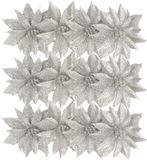 Gerimport Kerstboomversiering Bloemen - 12x stuks - 9 cm - zilver glitter - op clip