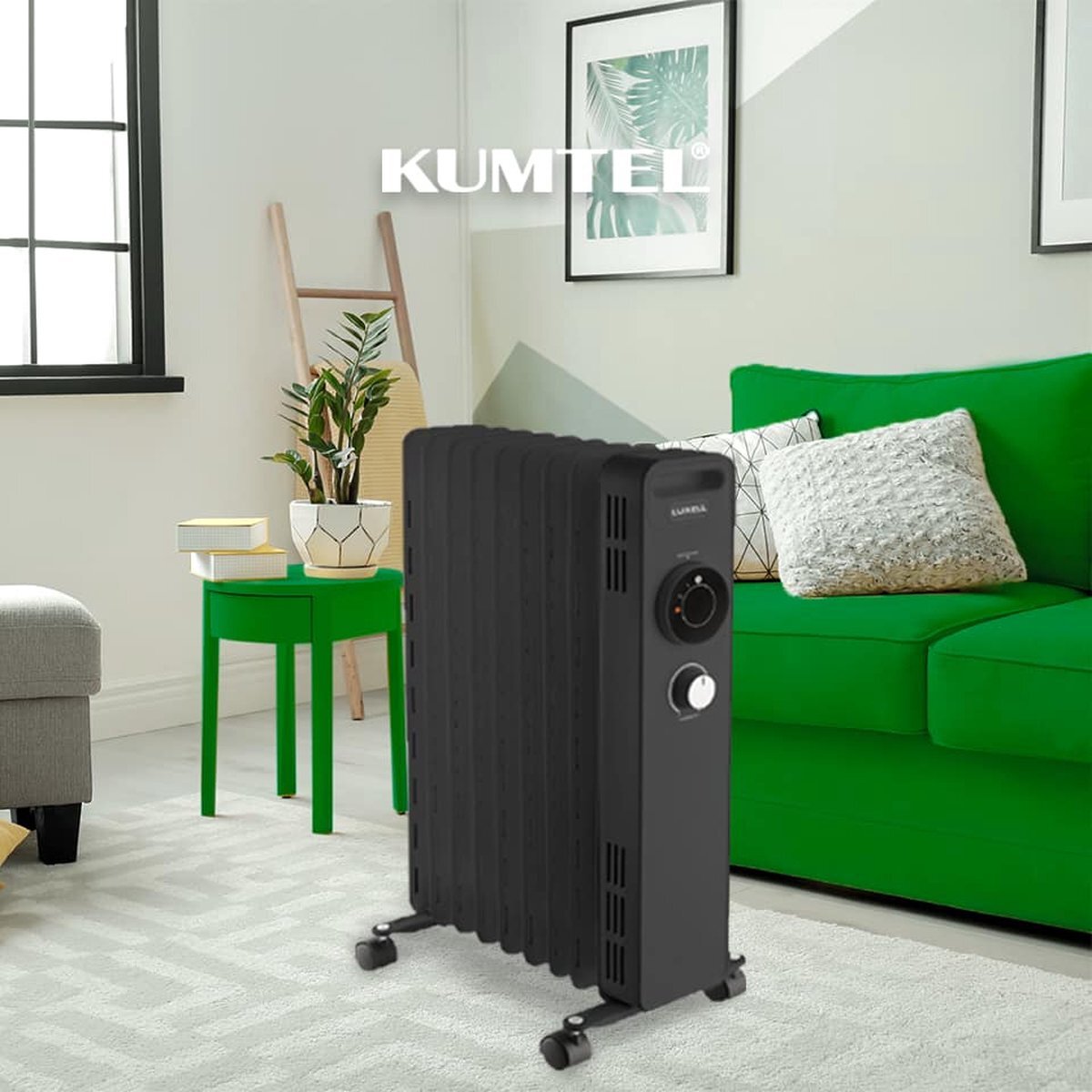 Kumtel Olieradiator | Elektrisch | Thermostaat | 3 Standen | tot 2300W | Gemakkelijk Draagbaar| Antivriessysteem | 11 Vinnen | Zwart