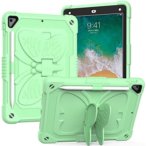 Spzhike Beschermhoes voor iPad 9,7 inch 5e / 6e Gen 2018/2017 met penhouder, robuust, schokbestendig, met schouderriem en vlinderhouder voor iPad 9,7 inch, groen