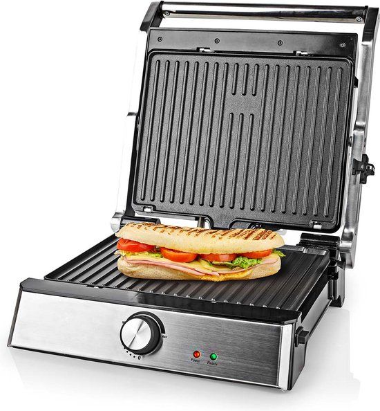 Nedis Contact Grill - 2000W - 29 x 23 cm - Adjustable Thermostat - Silver