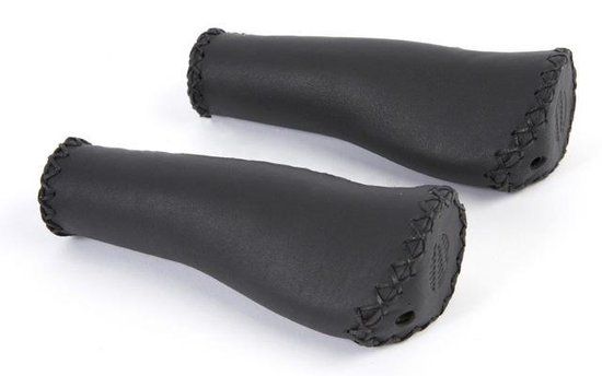 Velo Ergo Leather Handlebar Grips 135/135mm - Ergonomic - Black