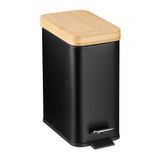 Relaxdays badkamer prullenbak, 5 liter, uitneembaar binnenbakje, softclose pedaalemmer, met bamboe deksel, toilet, zwart