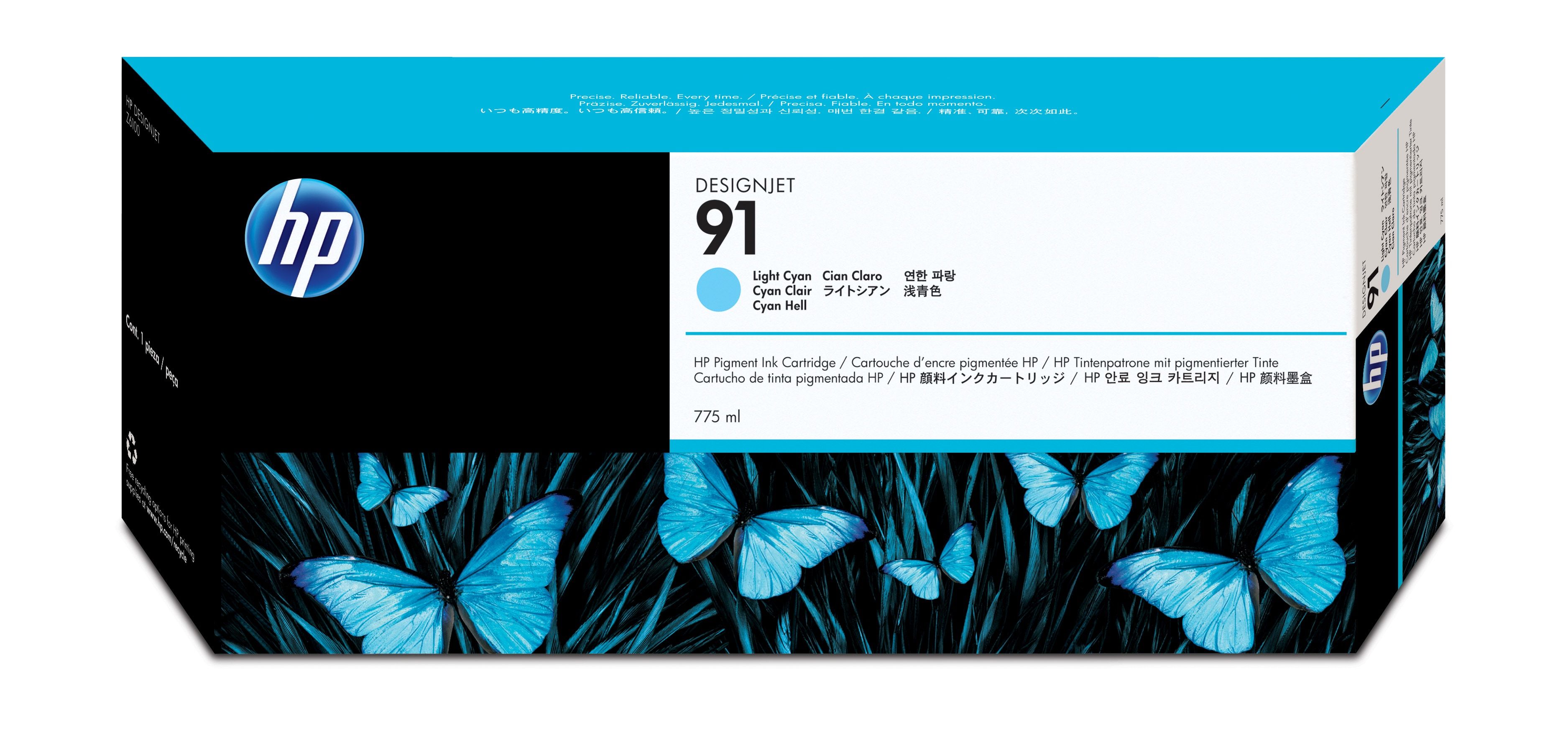 HP 91 775 ml pigmentinktcartridge lichtcyaan voor DesignJet
