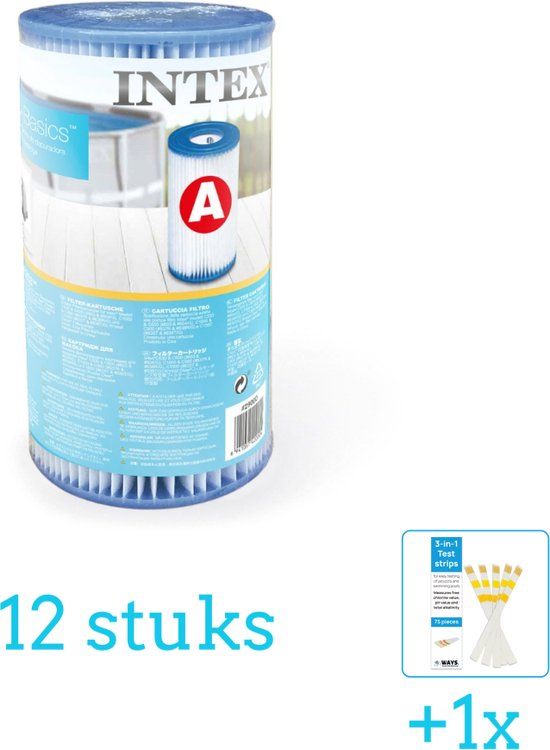 Intex Filter Cardridge - Type A - 12 stuks - Voordeelverpakking - Inclusief WAYS Teststrips - Geschikt voor 28604GS - 28636GS - 28638GS Pomp