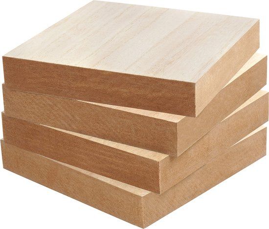 BELLE VOUS Onbewerkt Houten Vierkante Blokken (4 Pak) - L15 x B15 x H2,5 cm - Natuurlijk Blank Dik Houten Hobby Vierkanten - Borden Voor Huisdecoratie, DIY Kunst Hobby, Verven en Branden