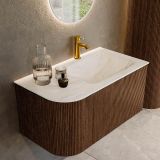 MONDIAZ KURVE-DLUX 85cm badmeubel met module 25 L kleur Walnut met 1 lade en 1 deur. Wastafel CLOUD rechts 1 kraangat kleur Ostra.