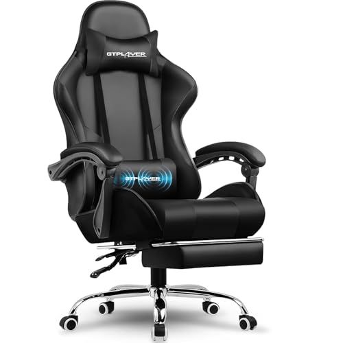 GTPLAYER Gamingstoel, bureaustoel, ergonomische pc-stoel, gamingstoel met massagesteun, task stoelen met voetensteun en hoofdsteun, zwart kunstleer