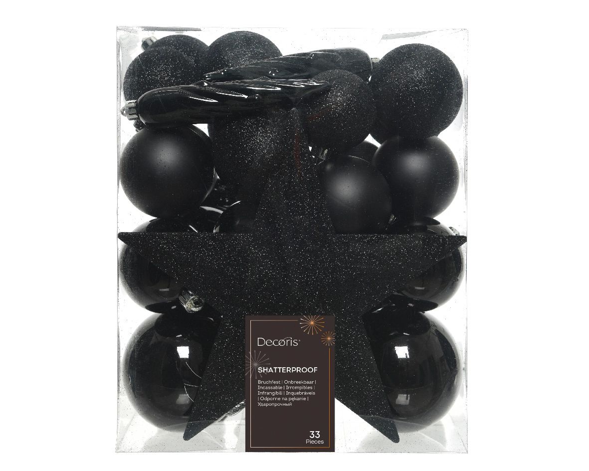 Decoris Christmas-Decorations Set van 33 kunststof - kerstballen mix met sterpunt, zwart