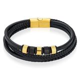 Mendes Leren Multi armband RVS kralen Zwart Goudkleurig-18.5cm