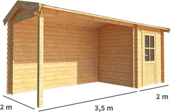 Merkloos Blokhut met overkapping Fenna 550 cm bij 200 cm diep Zadeldak bruin