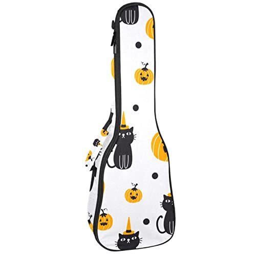 Mersov Concert Ukelele Rugzak, Heavy Duty Ukelele Case Bag met Opslag, Sopraan Concert Tenor Ukelele 10MM Gewatteerde Tas Halloween Zwarte Kat Pompoen Schattig