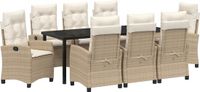 vidaXL Tuinset 9-delig Beige Polyrattan Eettafel met Stoelen en Kussens