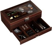 ProCase Houten horlogebox en brillenbox met glazen deksel, 2 niveaus, Espresso