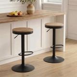 YOUNIKE Barkruk, set van 2 houten barstoelen, hoge barkruk, metalen frame, 360° in hoogte verstelbaar, draaibaar, met voetensteun, industrieel zwart