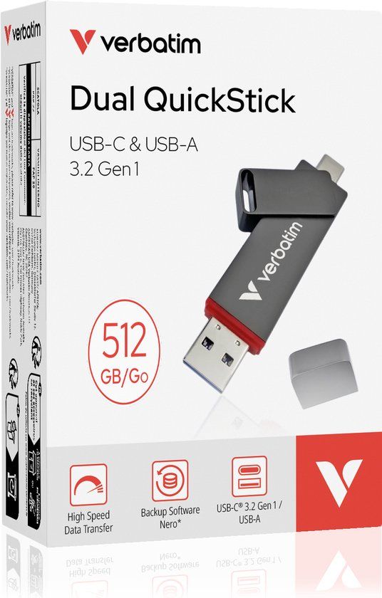 Verbatim Dual QuickStick USB Flash Drive - 512 GB - USB-A/USB-C 3.2 Gen 1 - Grey