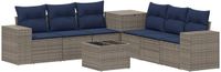 vidaXL Bankstel 2 zitplaatsen Grijs en Marineblauw Poly Rattan en Staal