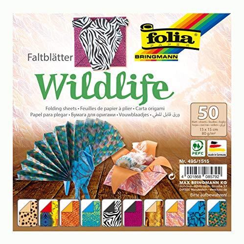 Folia 495/1515 - vouwbladen Wildlife, 15 x 15 cm, 80 g/m², 50 vellen gesorteerd in 10 motieven - ideaal voor prachtige vouwfiguren en -vormen