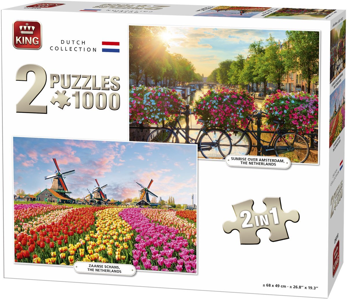 King 2 in 1 Puzzel 1000 Stukjes (68 x 49 cm) - Twee Legpuzzels Nederland - Tulpen en Gracht