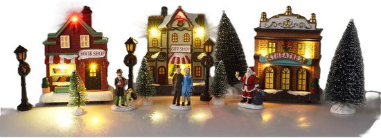 Koopman Kerstdorp huisjes set - met accessoires - 14 dlg - met LED - RGB - batterij